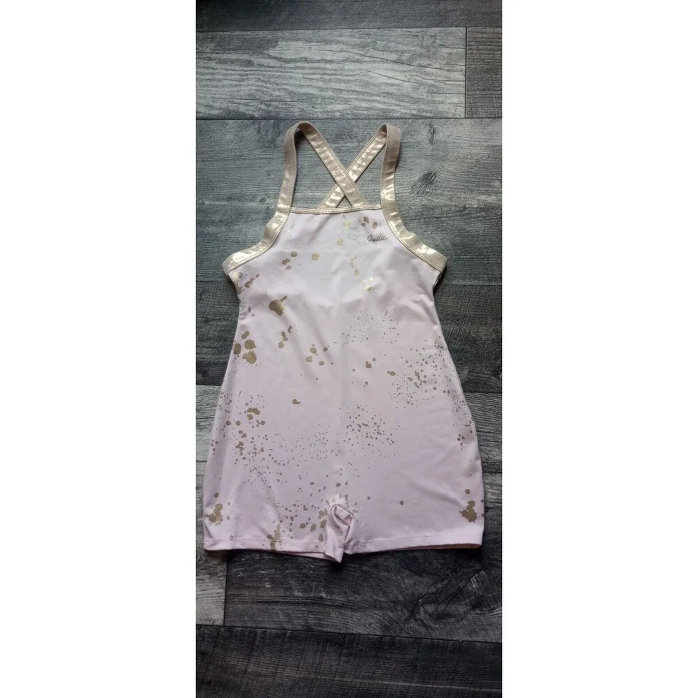 Justice Girls XL 16/18 Pink/Metallic Gold Paint Splatter Pattern Dance Biketard